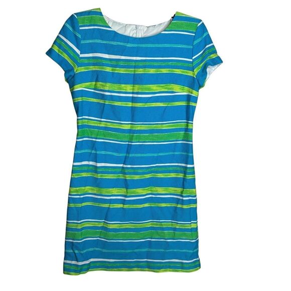 Vintage 90s 1990s Y2K 2000s Blue and green striped short sleeve dress - Picture 2 of 7